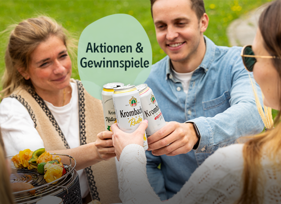 Drei Personen stoßen im freien mit Krombacher Dosen. Text in Sprechblase: 'Aktionen & Gewinnspiele'.