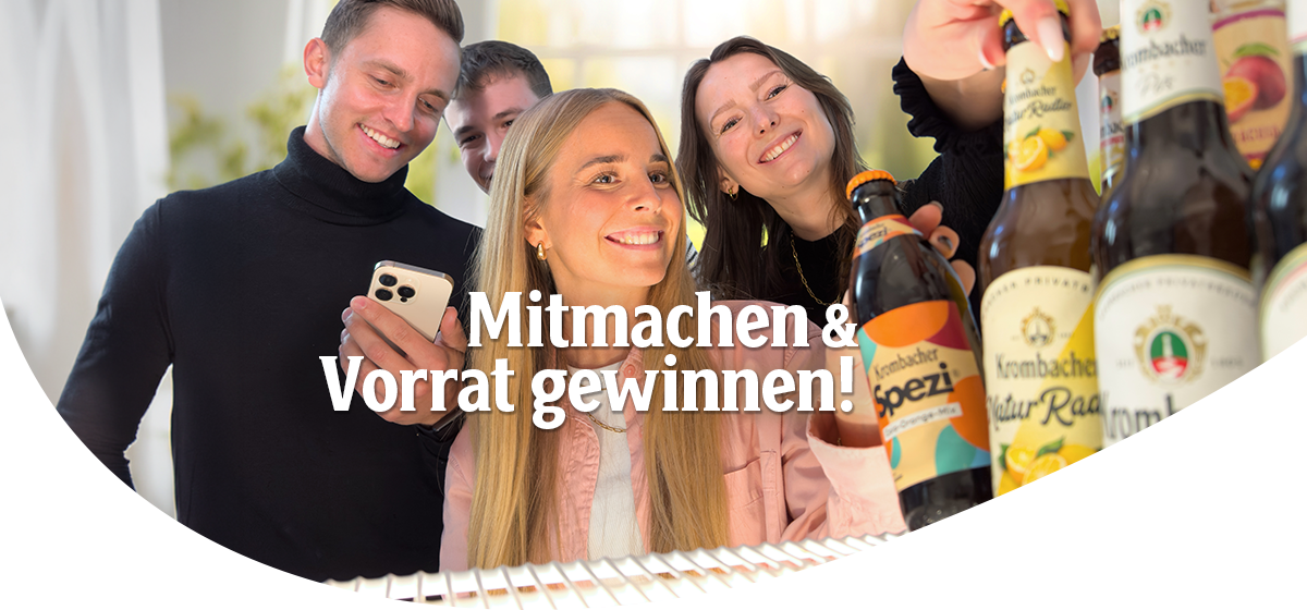 Gruppe von Menschen holt Krombacher Getränke aus dem Kühlschrank, Text 'Mitmachen & Vorrat gewinnen!'