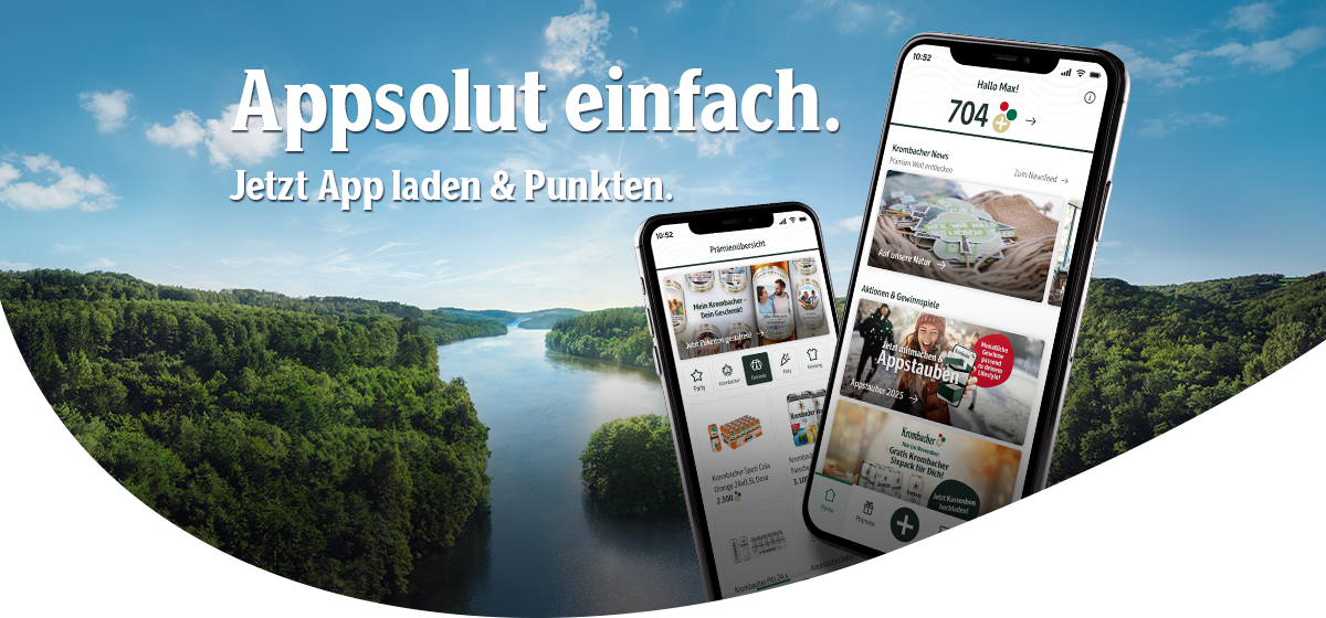 Krombacher+ App-Teaser mit Smartphone-Darstellung auf hellem Hintergrund – jetzt entdecken, Punkte sammeln und exklusive Prämien sichern