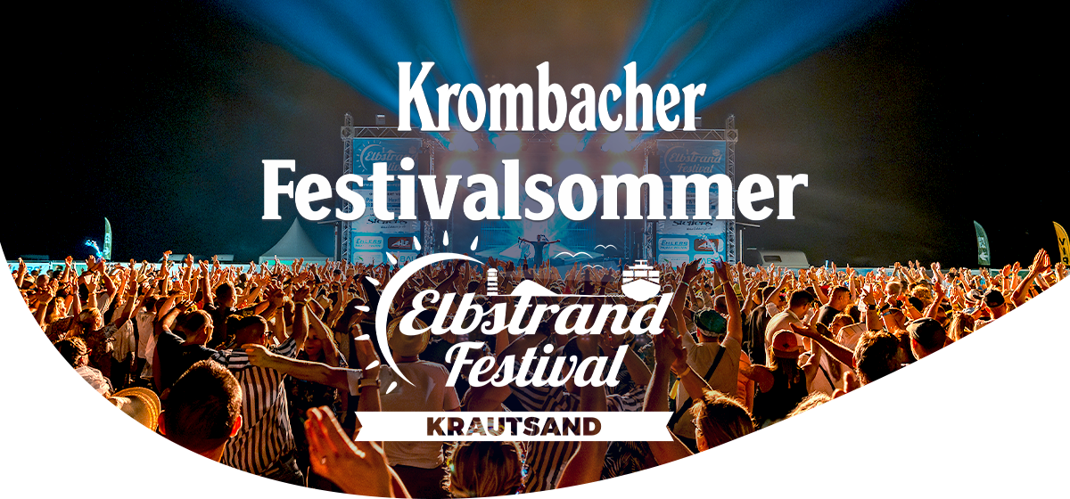 Große Menschenmenge bei Krombacher Festivalsommer am Elbstrand Festival mit Bühne und Beleuchtung