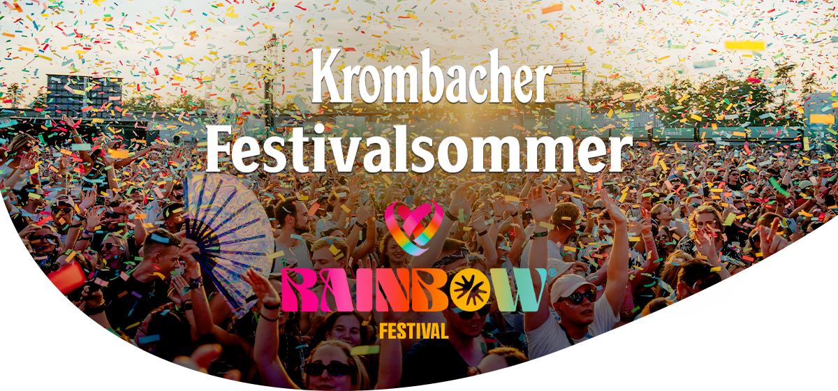 Menschenmenge bei einem Festival mit Konfetti, darüber der Text 'Krombacher Festivalsommer' und das bunte Logo des Rainbow Festivals