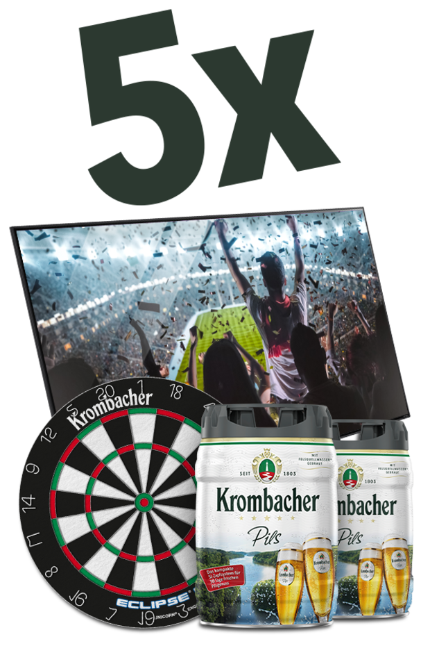 Grafik mit der grossen Aufschrift „5x“ über einer Collage aus einem Fernseher mit Stadion- und Jubelszene, einer Dartscheibe mit „Krombacher“-Logo sowie zwei  Krombacher Pils 5l Frische Fässchern. 