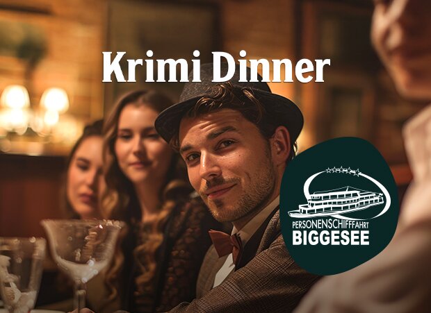 Eine Gruppe von Personen sitzt an einem Tisch in einem Restaurant. Oben steht 'Krimi Dinner'. Unten rechts ist das Logo der Personenschifffahrt Biggesee.