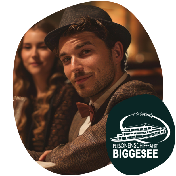 Ein Mann mit einem Hut und einer Fliege sitzt an einem Tisch. Im Vordergrund ist ein Logo mit dem Text 'PERSONENSCHIFFFAHRT BIGGESEE'.