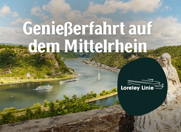 Blick auf den Rhein mit grünen Hügeln und einem Schiff. Text: 'Genießerfahrt auf dem Mittelrhein'. Logo der Loreley Linie.