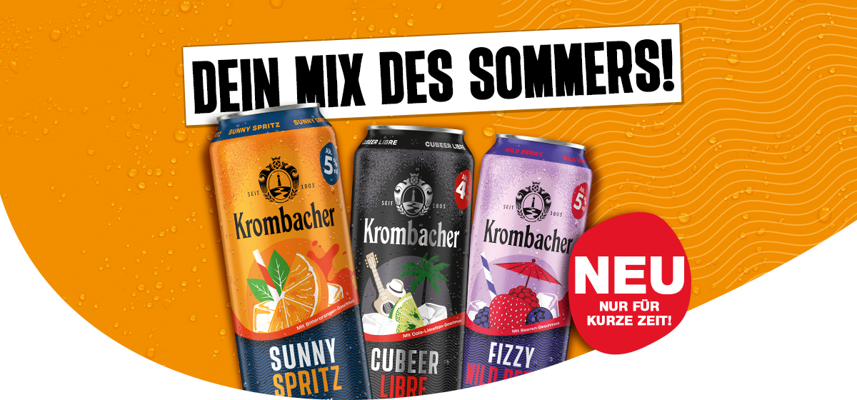 Drei Krombacher Getränkedosen mit verschiedenen Sommergetränken (Sunny Spritz, Cubeer Libre und Fizzy Wild Berry) auf orangefarbenem Hintergrund mit dem Slogan "DEIN MIX DES SOMMERS!".