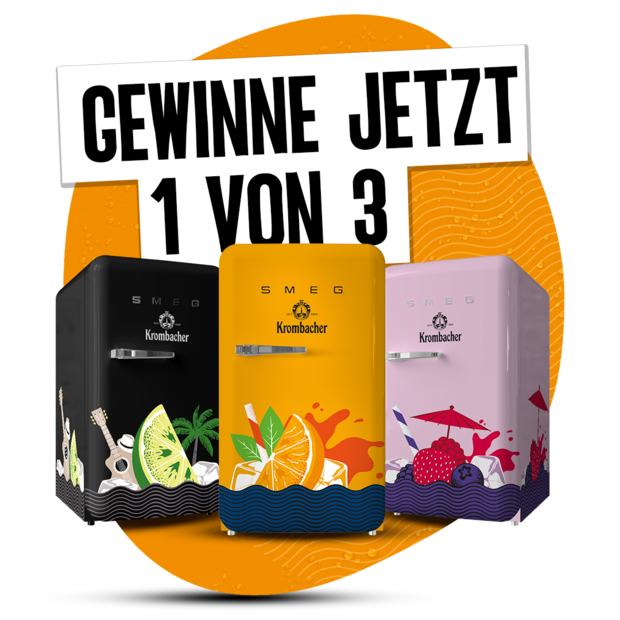 Werbebild für ein Gewinnspiel mit drei farbigen Krombacher SMEG-Kühlschränken (schwarz, gelb und rosa) mit fruchtigen Designs auf orangem Hintergrund.