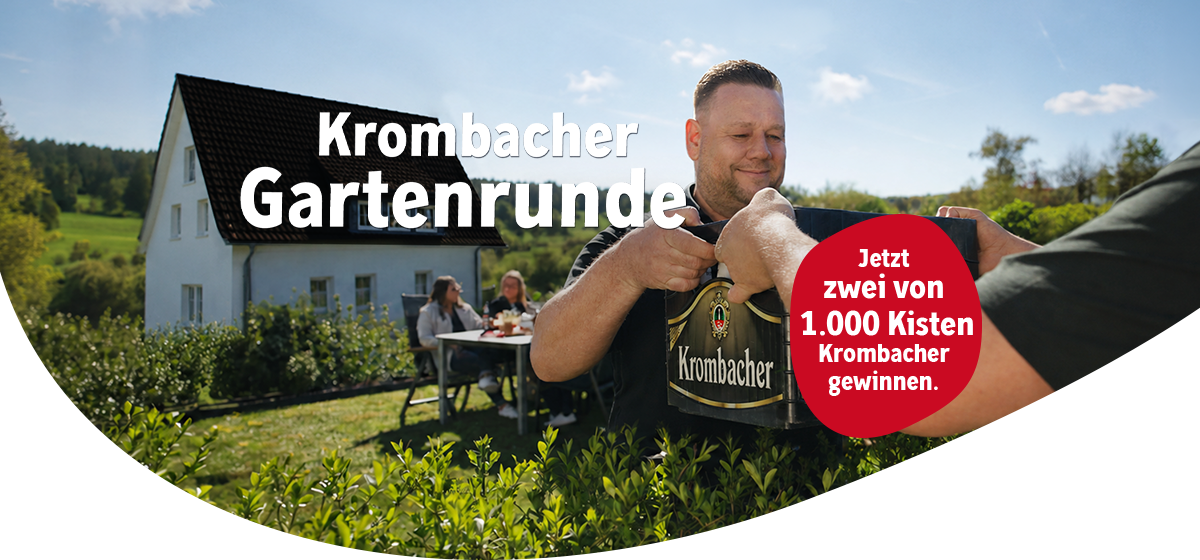 Werbebanner der „Krombacher Gartenrunde" mit einem Mann, der eine Krombacher-Bierkiste hält, im Hintergrund sitzen zwei Personen an einem Gartentisch vor einem weißen Haus, begleitet vom Hinweis, zwei von 1.000 Kisten Krombacher zu gewinnen.