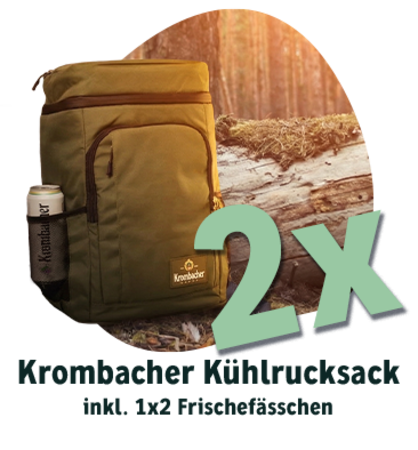 krombacher kühlrucksack der vor einem baumstann steht