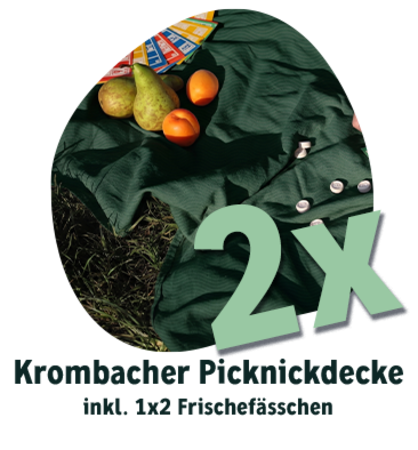 krombacher picknickdecke mit obst und karten