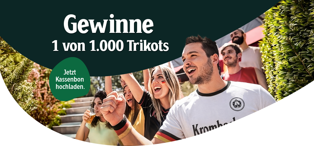 Eine Gruppe an Menschen, die jubelt. Auf dem Bild steht Gewinne 1 von 1000 Trikots.