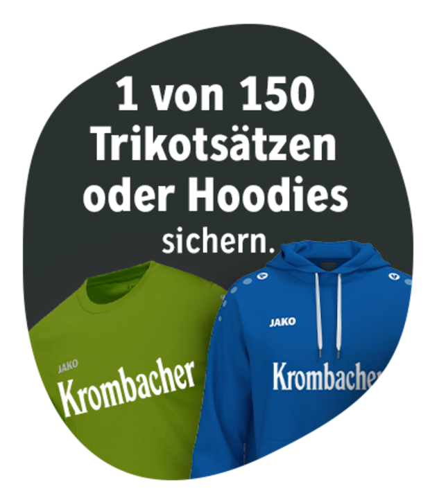 Ein Werbebild für eine Krombacher-Promotion mit einem grünen Trikot und einem blauen Hoodie, das zum Sichern von "1 von 150 Trikotsätzen oder Hoodies" auffordert.