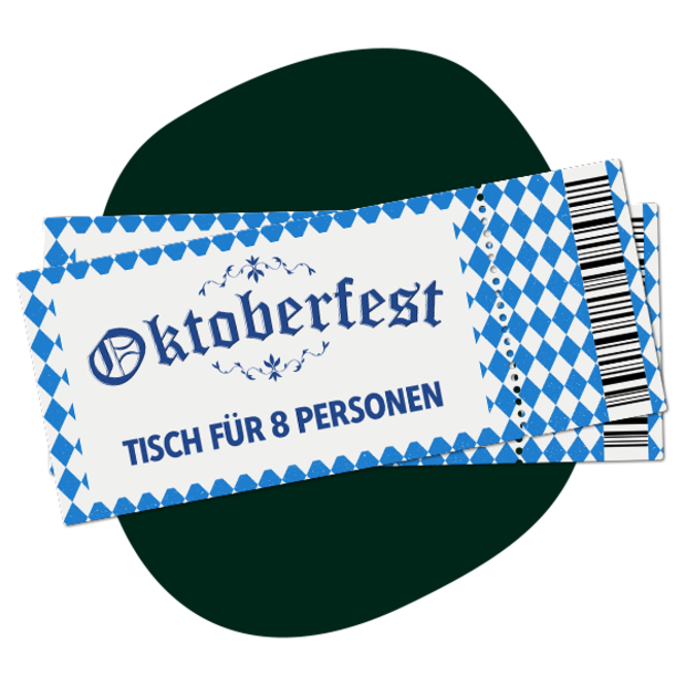 Zwei Oktoberfest-Tickets im bayerischen Rautenmuster in Blau und Weiß mit der Aufschrift „Tisch für 8 Personen" und einem Barcode auf der rechten Seite.