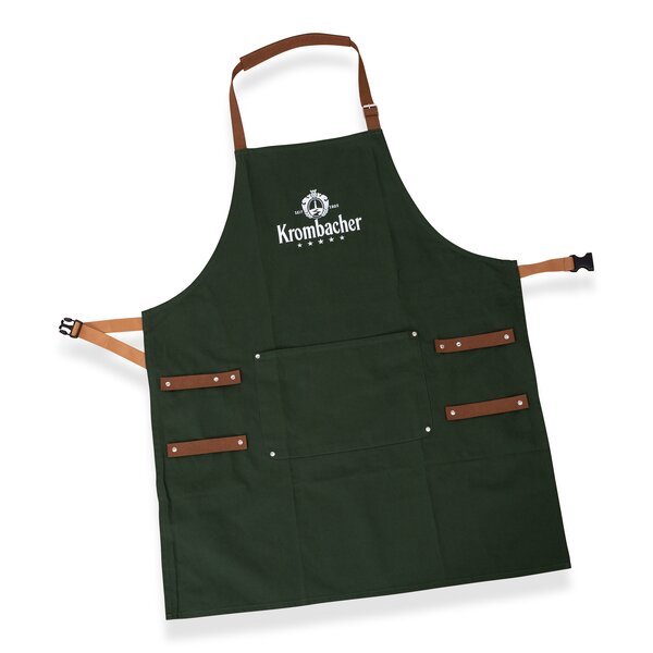 Grüne Krombacher Grillschürze mit braunen Trägern und Logo in der Mitte. 