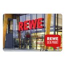 Rewe Gutscheinkarte mit Eingang eines REWE-Supermarkts mit rotem Leuchtschriftzug und Sprechblase 'REWE DEIN MARKT'.