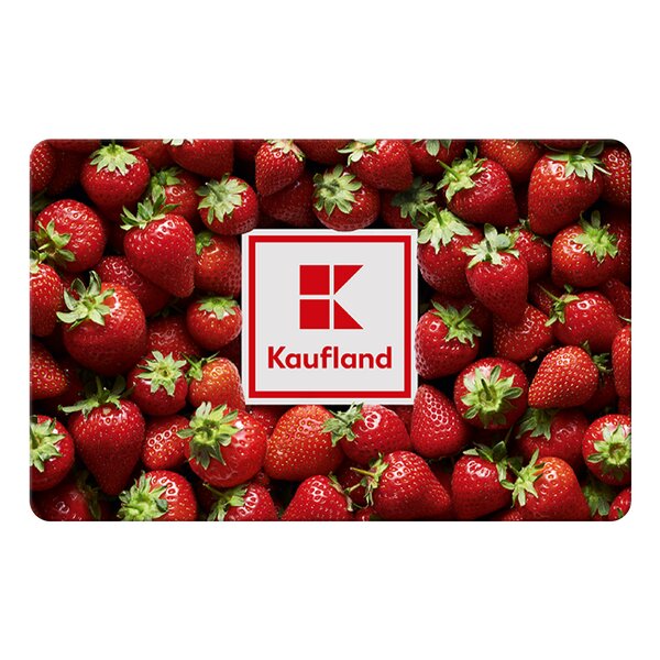 Kaufland Gutscheinkarte mit Kaufland-Logo auf einem Hintergrund aus frischen roten Erdbeeren.