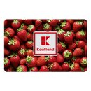 Kaufland Gutscheinkarte mit Kaufland-Logo auf einem Hintergrund aus frischen roten Erdbeeren.