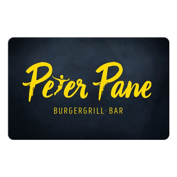 Dunkelgraue Peter Pane Gutscheinkarte mit großem gelben Logo Schriftzug 'Peter Pane - Burgergrill - Bar'.