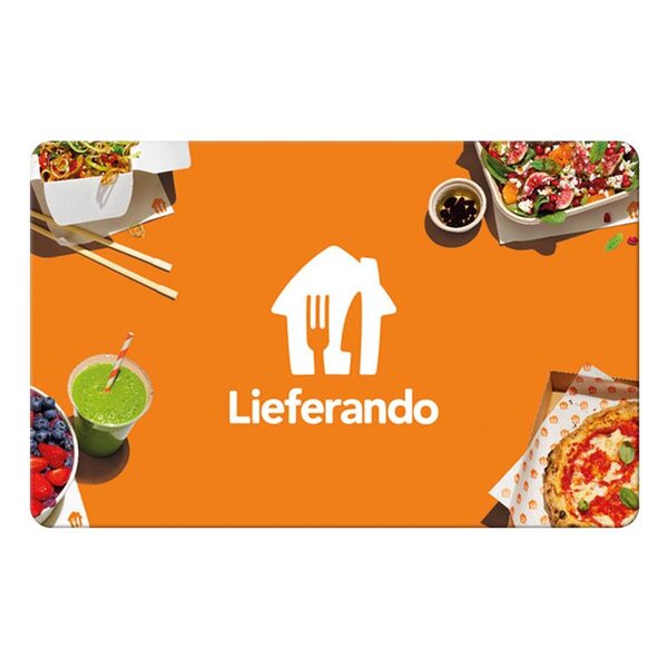 Orangene Lieferando Gutscheinkarte mit Großen Logo Schriftzug 'Lieferando' umgeben von asiatischem Essen, Salat, Pizza, Smoothie und Beeren