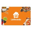 Orangene Lieferando Gutscheinkarte mit Großen Logo Schriftzug 'Lieferando' umgeben von asiatischem Essen, Salat, Pizza, Smoothie und Beeren