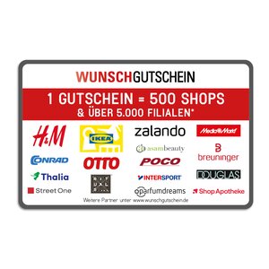 Wunschgutschein gültig in 500 Shops und über 5.000 Filialen, darunter H&M, IKEA, Zalando, MediaMarkt, Conrad, OTTO, POCO, Breuninger, Thalia, Intersport, Douglas, Shop Apotheke