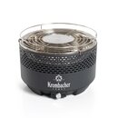 Rauchfreier Grill von Krombacher mit rundem schwarzen Gehäuse und Edelstahl-Grillrost