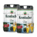 Zwei Krombacher Pils Bierfässer mit Zapfsystem auf weißem Hintergrund.