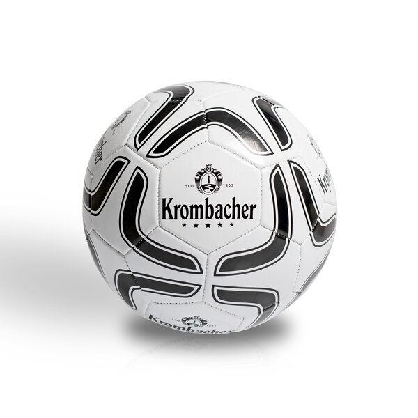 Weißer Fußball mit schwarzem Muster und Krombacher-Logo mit Schriftzug 'Seit 1803'.
