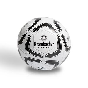 Krombacher Fußball für Spiel und Spaß. Weißer Fußball mit schwarzem Muster und Krombacher-Logo mit Schriftzug 'Seit 1803'.