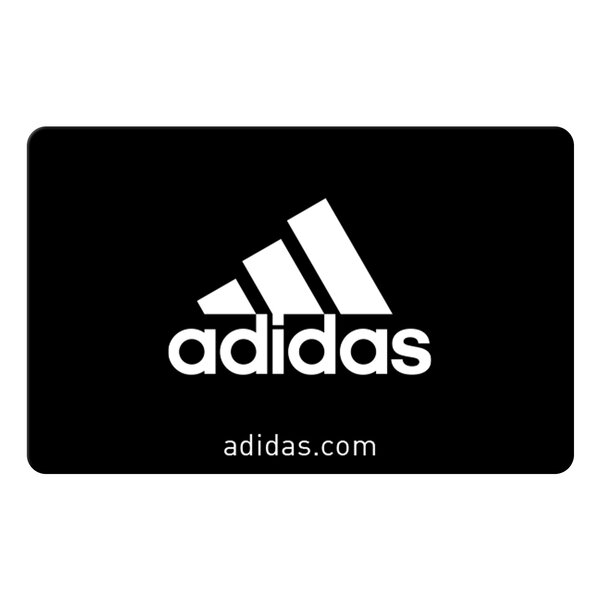 Schwarze Adidas Geschenkkarte mit Adidas Logo Schriftzug.