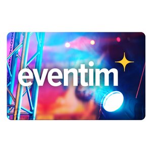 Eventim Gutscheinkarte mit weißem Eventim Logo vor bunten Bühnenlichtern und Scheinwerfern. 