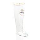 Krombacher Pils Glas in Form eines Stiefels mit goldfarbenem Rand und Logo.