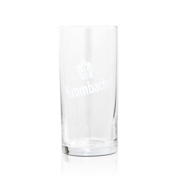 Krombacher Probierglas, klares Glas mit weißem Krombacher-Logo und Wappen, zylindrische Form.