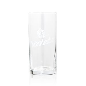 Perfekt geeignet zur Krombacher-Verkostung. Krombacher Probierglas, klares Glas mit weißem Krombacher-Logo und Wappen, zylindrische Form.