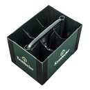 Grüner Kunststoff-Träger mit Griff und sechs Fächern für Flaschen, bedruckt mit dem Krombacher-Logo.