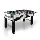 Krombacher Kickertisch mit schwarzen Beinen, silbernem Metallrahmen und Spielfiguren in Rot und Weiß.