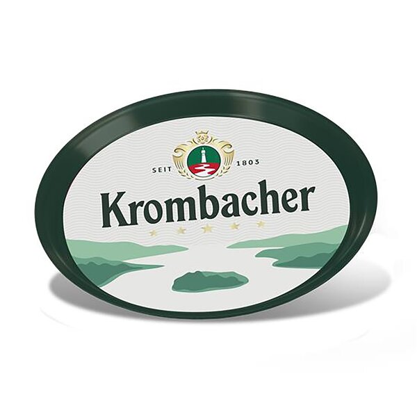 Ovales Tablett mit grünem Rand und Krombacher-Logo sowie Landschaftsillustration in der Mitte