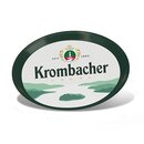 Ovales Tablett mit grünem Rand und Krombacher-Logo sowie Landschaftsillustration in der Mitte