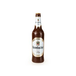 7893_krombachershop_Schokoladenflasche 0,5L Krombacher Pils Bierflasche aus Schokolade, 0,5 Liter, mit weißem Etikett und goldenen Akzenten.