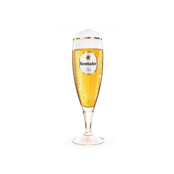Schlankes, hohes 2L Meisterpokal Glas mit goldener Randverzierung, Krombacher Pils Logo.