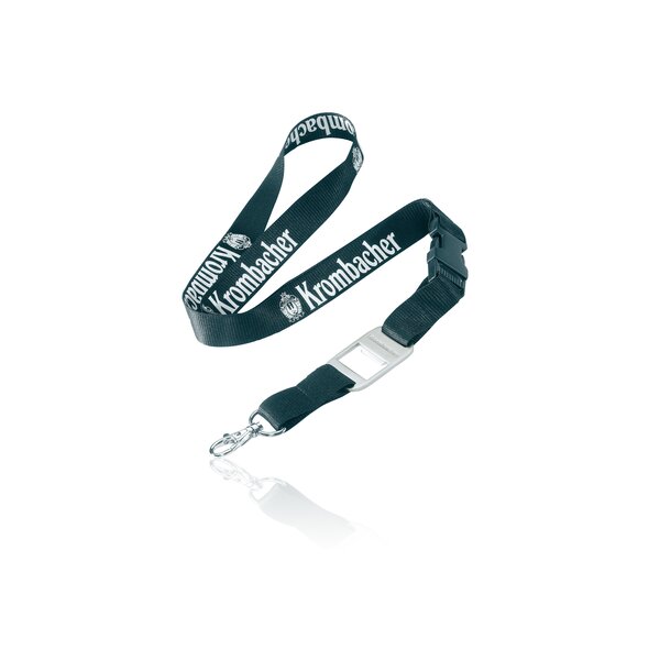 Schwarzes Schlüsselband mit weißem Krombacher-Logo und integriertem Flaschenöffner.