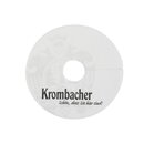 Weiße Krombacher Tropfendeckchen mit schwarzem Schriftzug und hellgrauem Wappen.