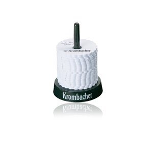 Schwarzer Tropfendeckchenständer mit weißem Krombacher Schriftzug und vielen weißen Tropfendeckchen.