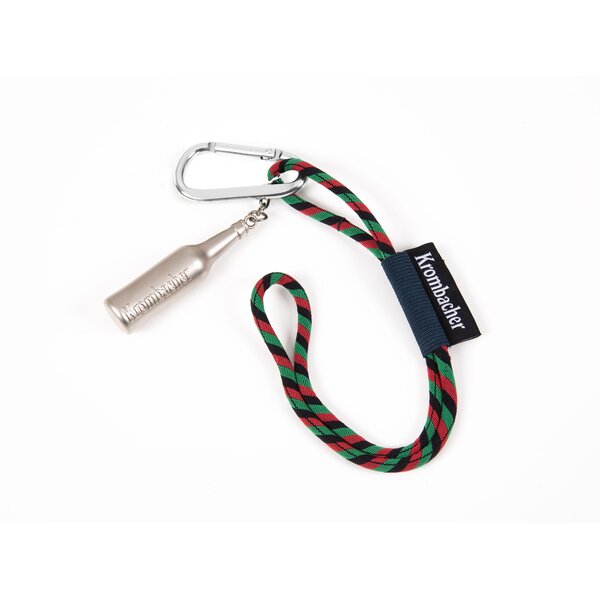 Schlüsselband mit Karabiner, Flaschenöffner in Form einer Krombacher Bierflasche und Krombacher Schriftzug auf Stoffetikett.