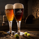 Zwei Krombacher Brautradition Biergläser, eines bernsteinfarben, das andere dunkel, auf Holztisch mit Hopfen und Malz.