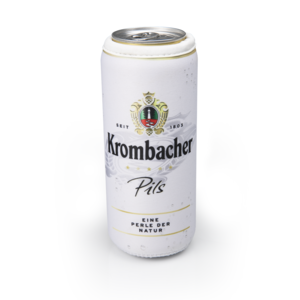 Weiße Krombacher Pils Bierdose mit Logo, Schriftzug 'Seit 1803', 'Eine Perle der Natur' und Kronen-Emblem.